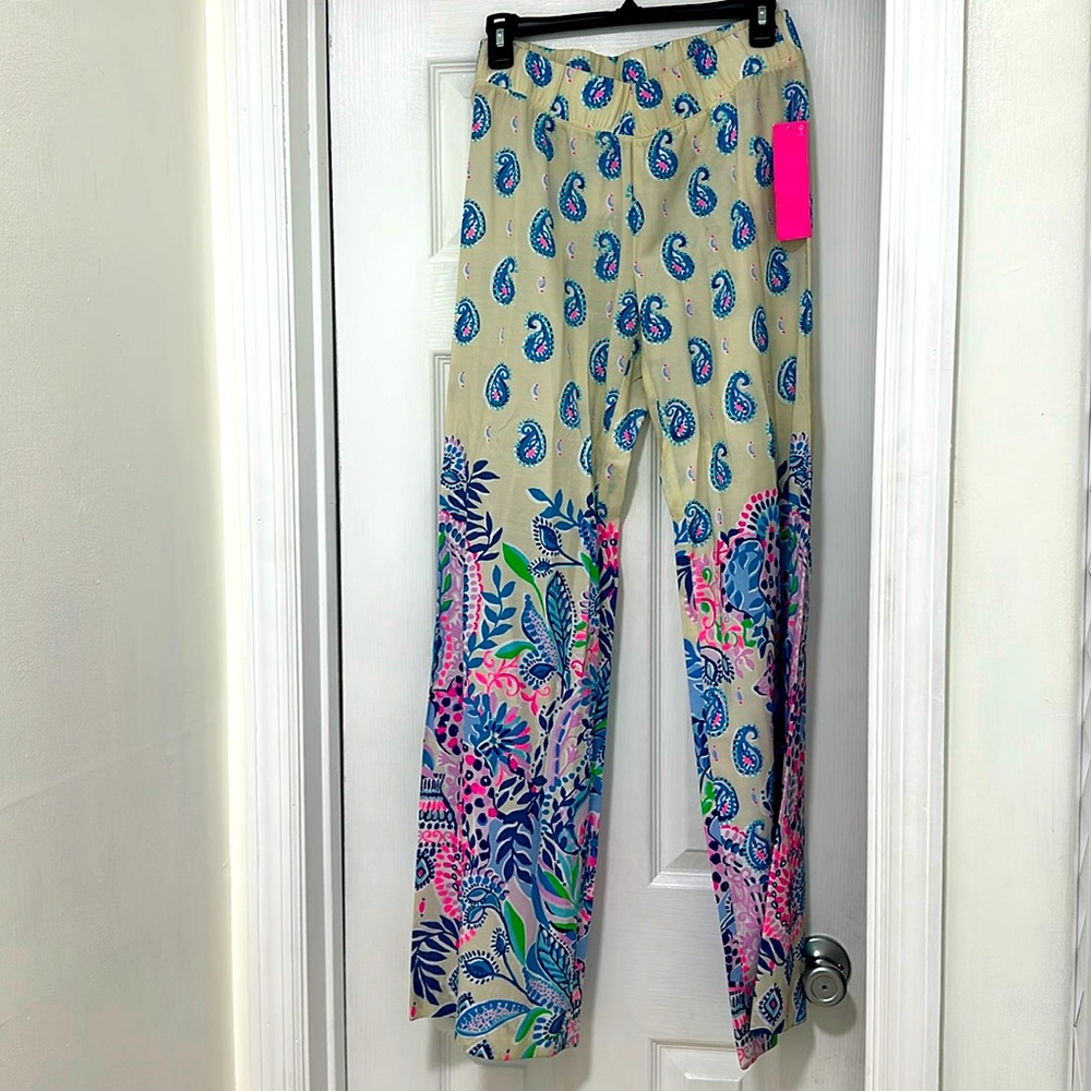 Lilly Pulitzer Beige Paisley Wide Leg Pants with Pink & Blue Floral Border